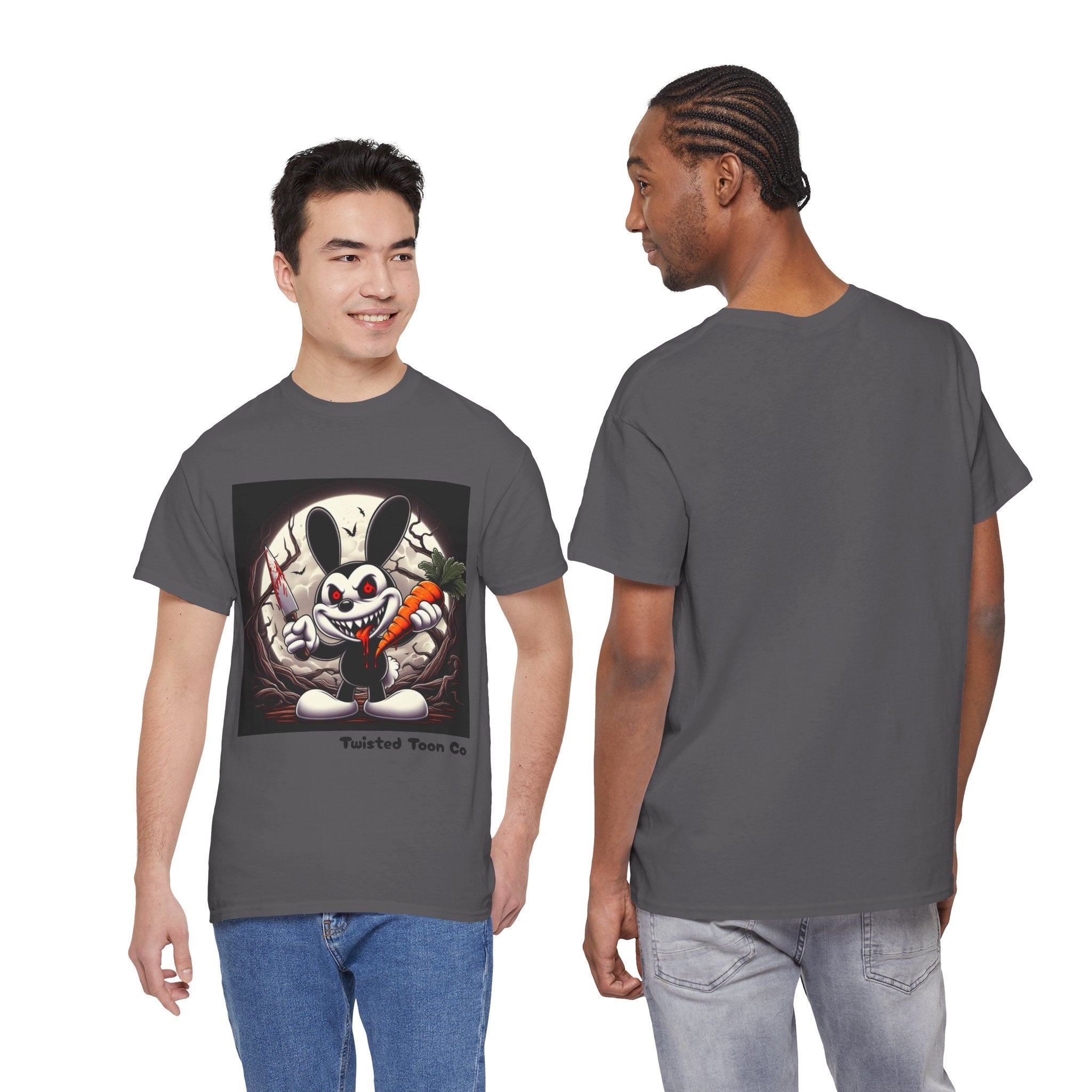 Creepy Cartoon Bunny Halloween T-Shirt — Scary Bunny with Carrot & Moon
