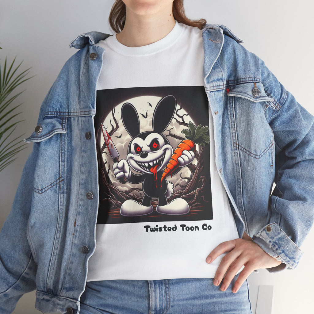 Creepy Cartoon Bunny Halloween T-Shirt — Scary Bunny with Carrot & Moon