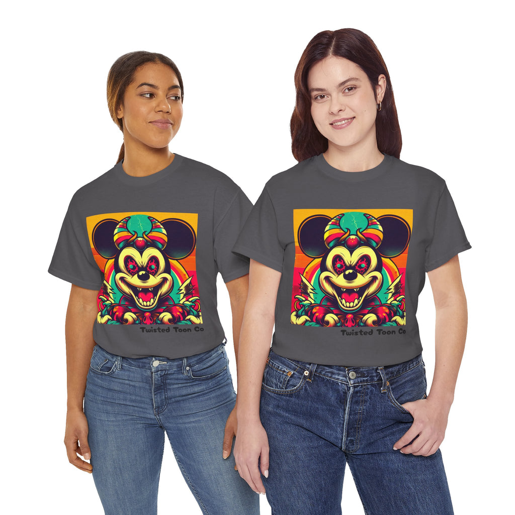 Creepy Retro Mouse Graphic Tee — Neon Horror Cartoon T-Shirt