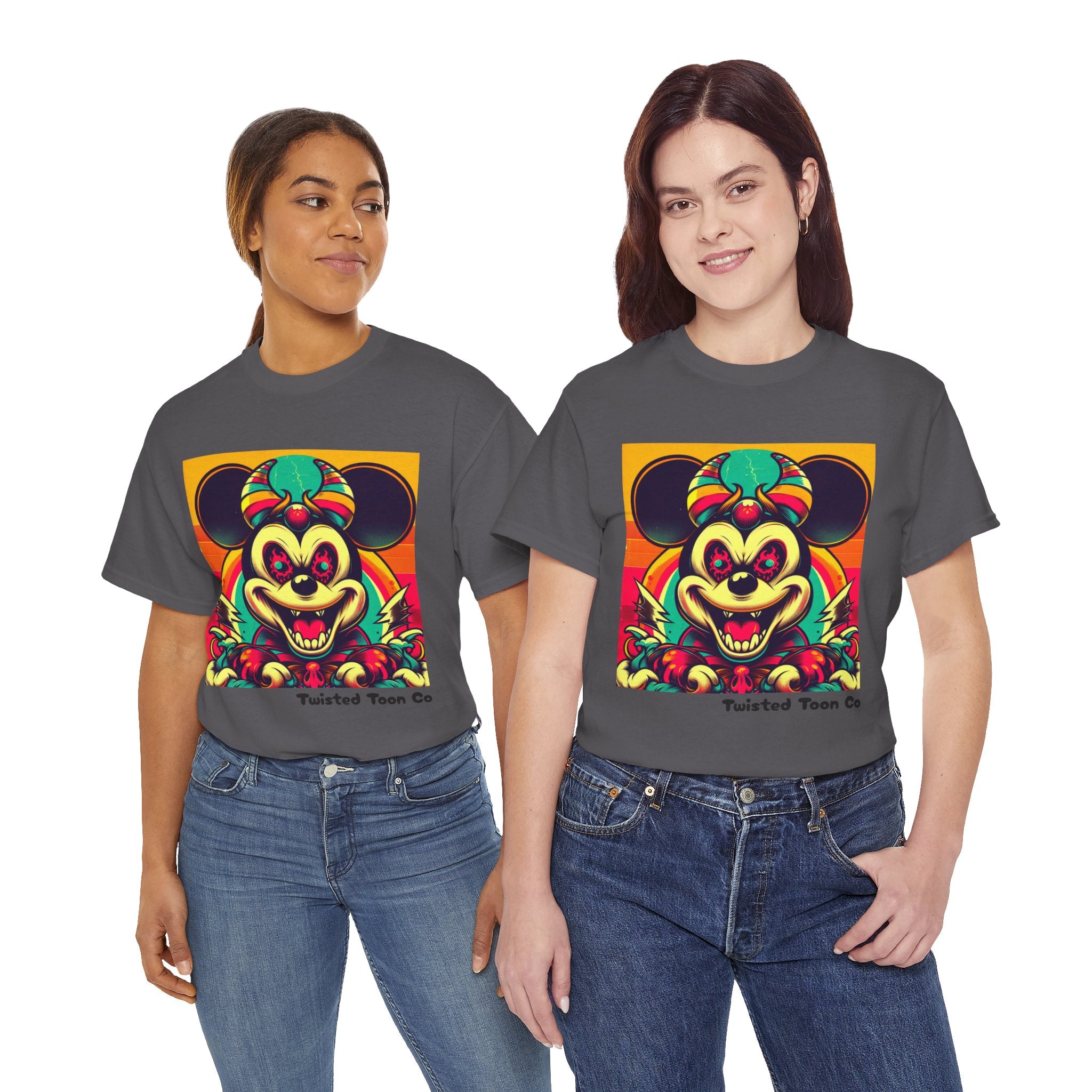 Creepy Retro Mouse Graphic Tee — Neon Horror Cartoon T-Shirt