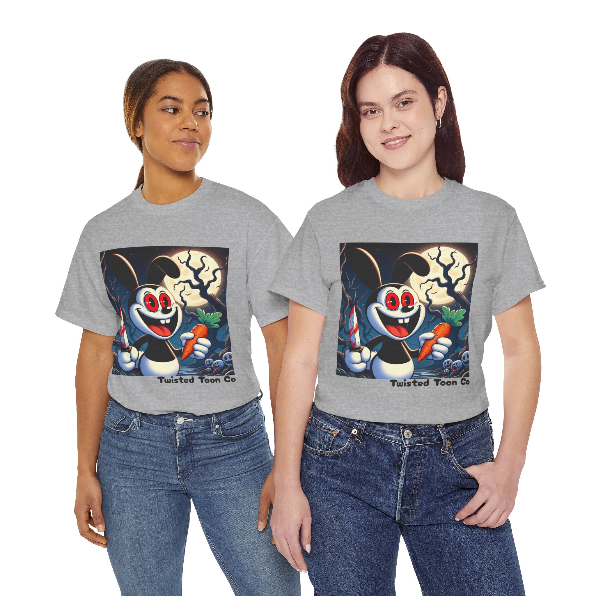 Halloween Oswald-Style Cartoon Tee — Spooky Bunny with Carrot and Full Moon