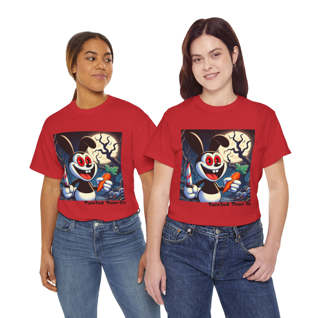 Halloween Oswald-Style Cartoon Tee — Spooky Bunny with Carrot and Full Moon