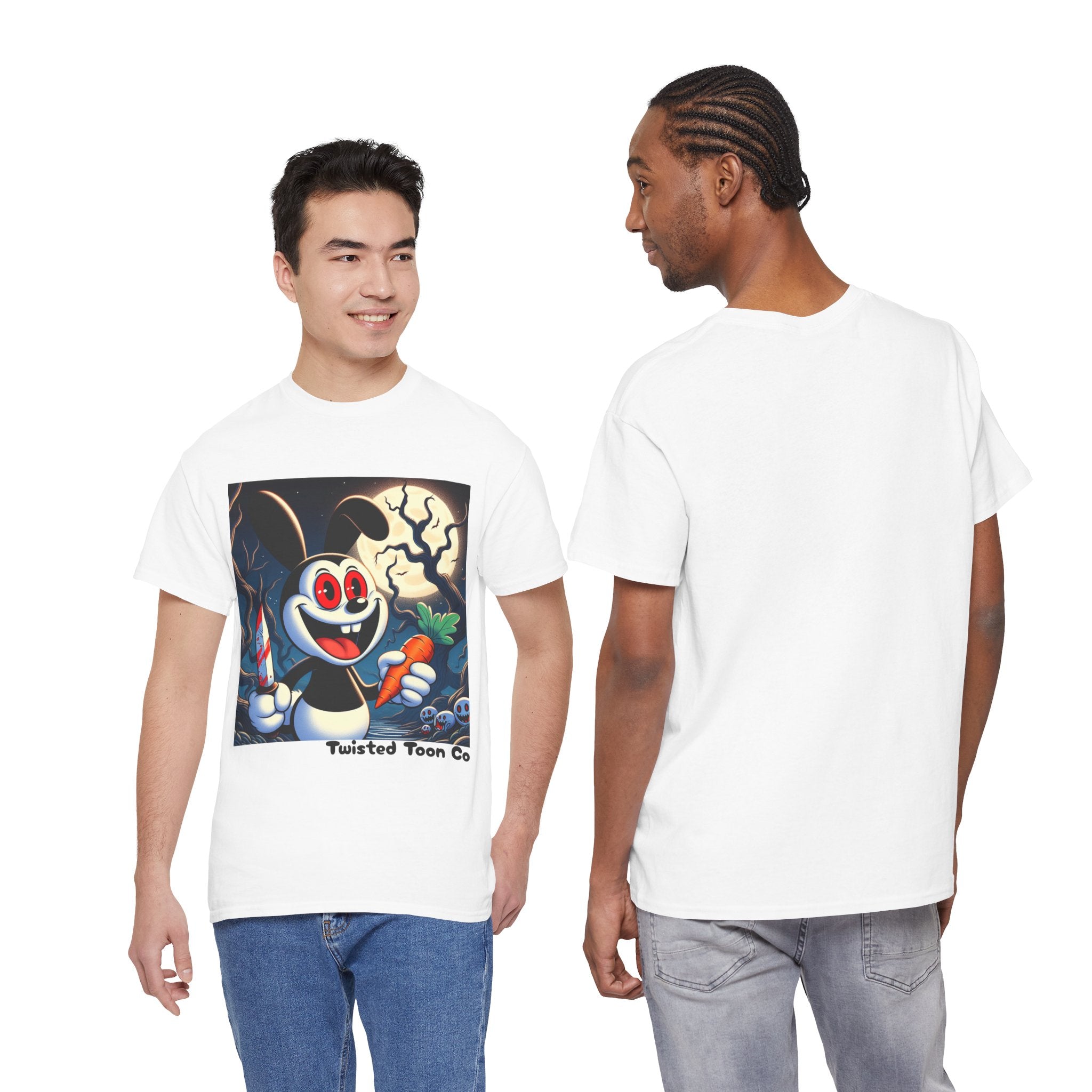 Halloween Oswald-Style Cartoon Tee — Spooky Bunny with Carrot and Full Moon