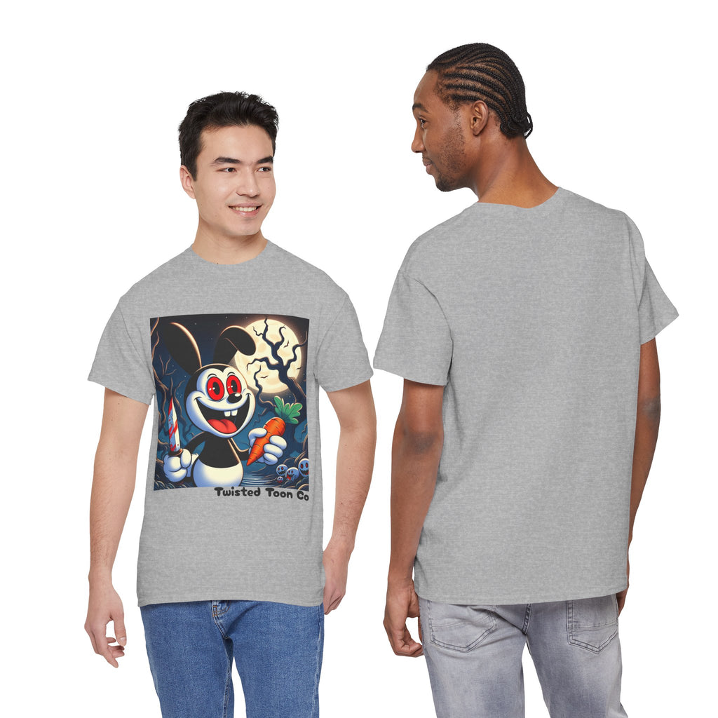 Halloween Oswald-Style Cartoon Tee — Spooky Bunny with Carrot and Full Moon