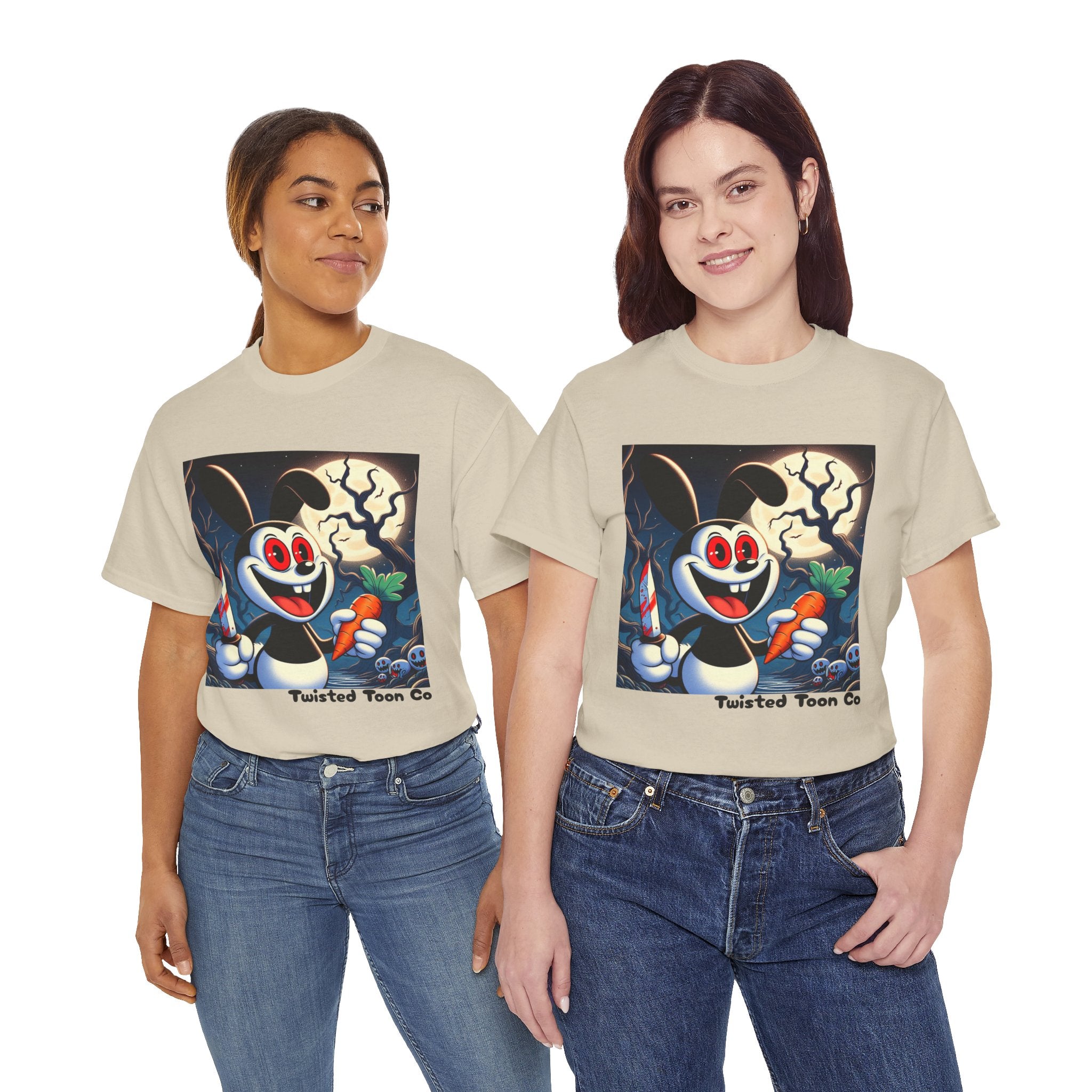 Halloween Oswald-Style Cartoon Tee — Spooky Bunny with Carrot and Full Moon