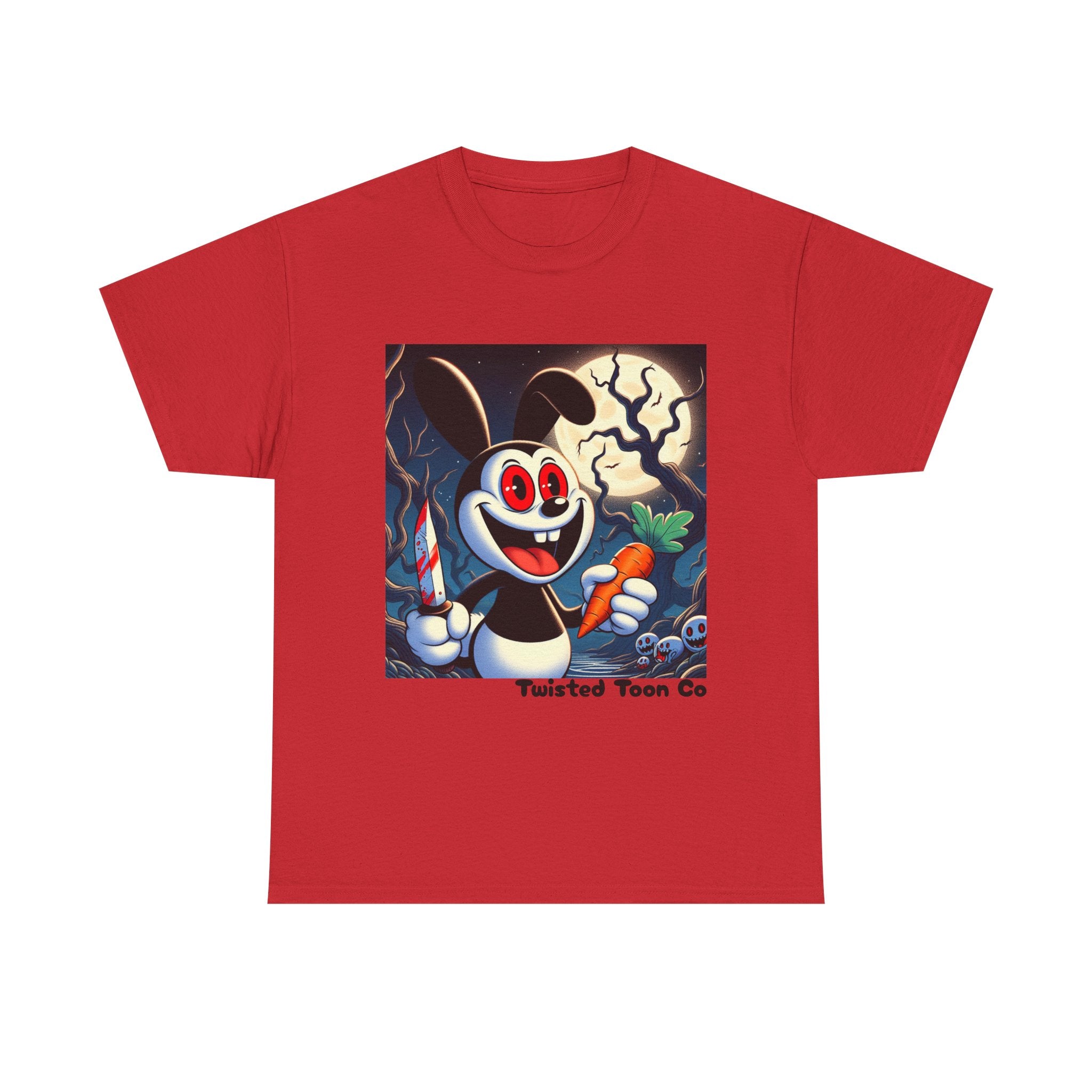Halloween Oswald-Style Cartoon Tee — Spooky Bunny with Carrot and Full Moon
