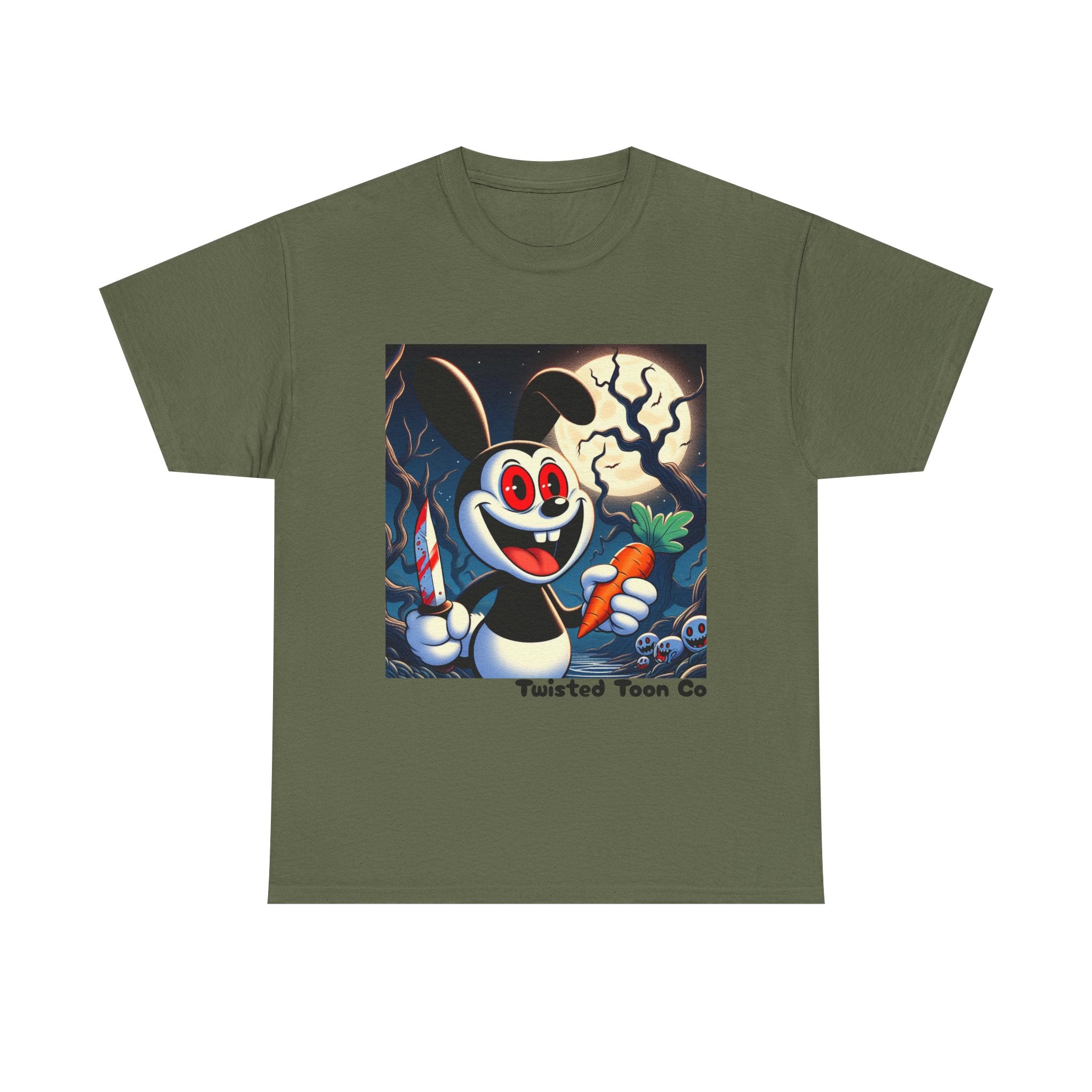Halloween Oswald-Style Cartoon Tee — Spooky Bunny with Carrot and Full Moon