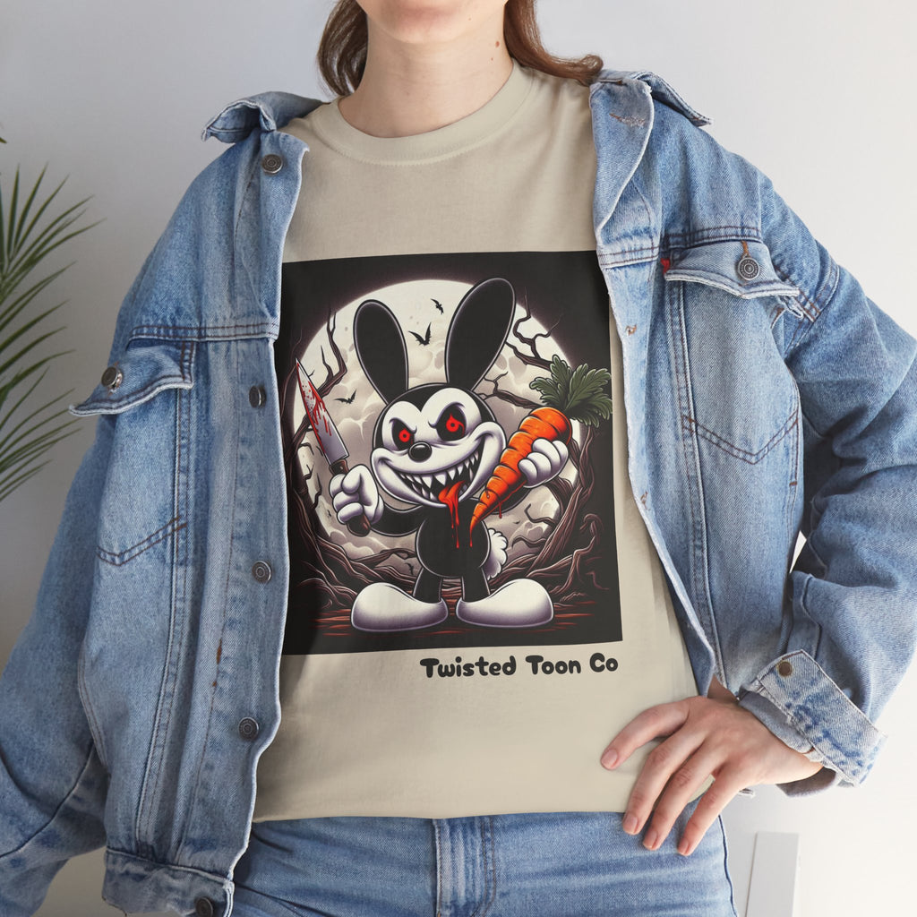 Creepy Cartoon Bunny Halloween T-Shirt — Scary Bunny with Carrot & Moon