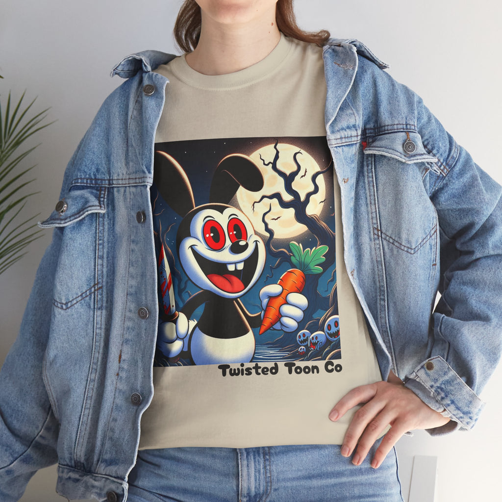 Halloween Oswald-Style Cartoon Tee — Spooky Bunny with Carrot and Full Moon