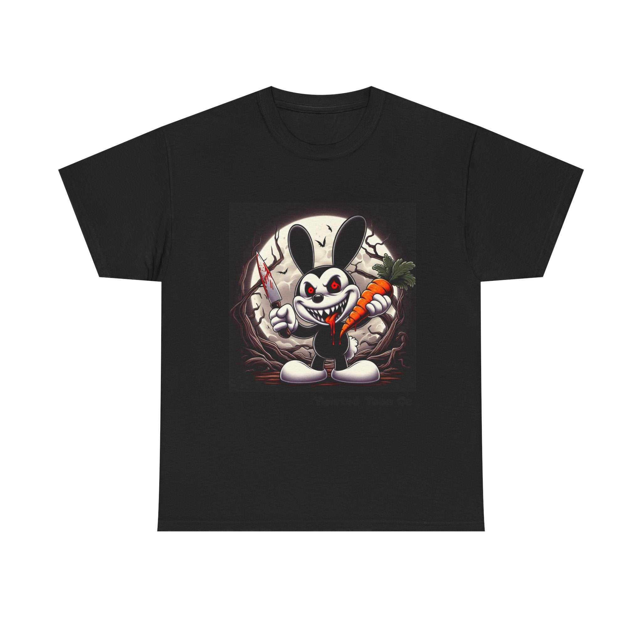 Creepy Cartoon Bunny Halloween T-Shirt — Scary Bunny with Carrot & Moon