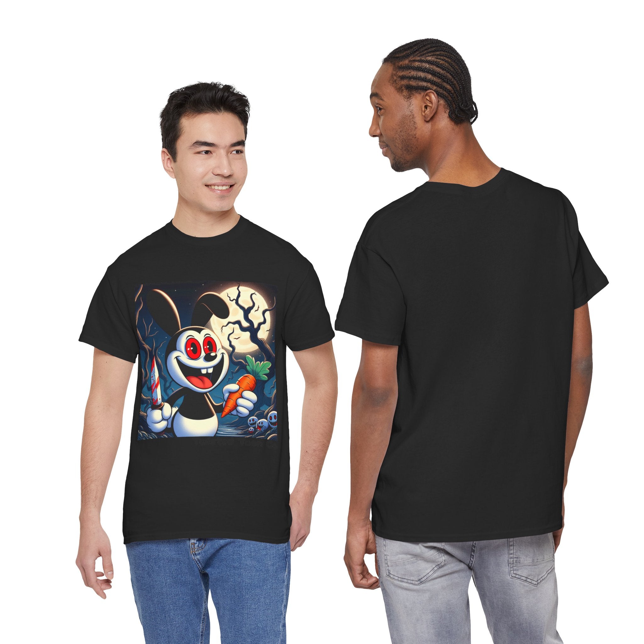 Halloween Oswald-Style Cartoon Tee — Spooky Bunny with Carrot and Full Moon