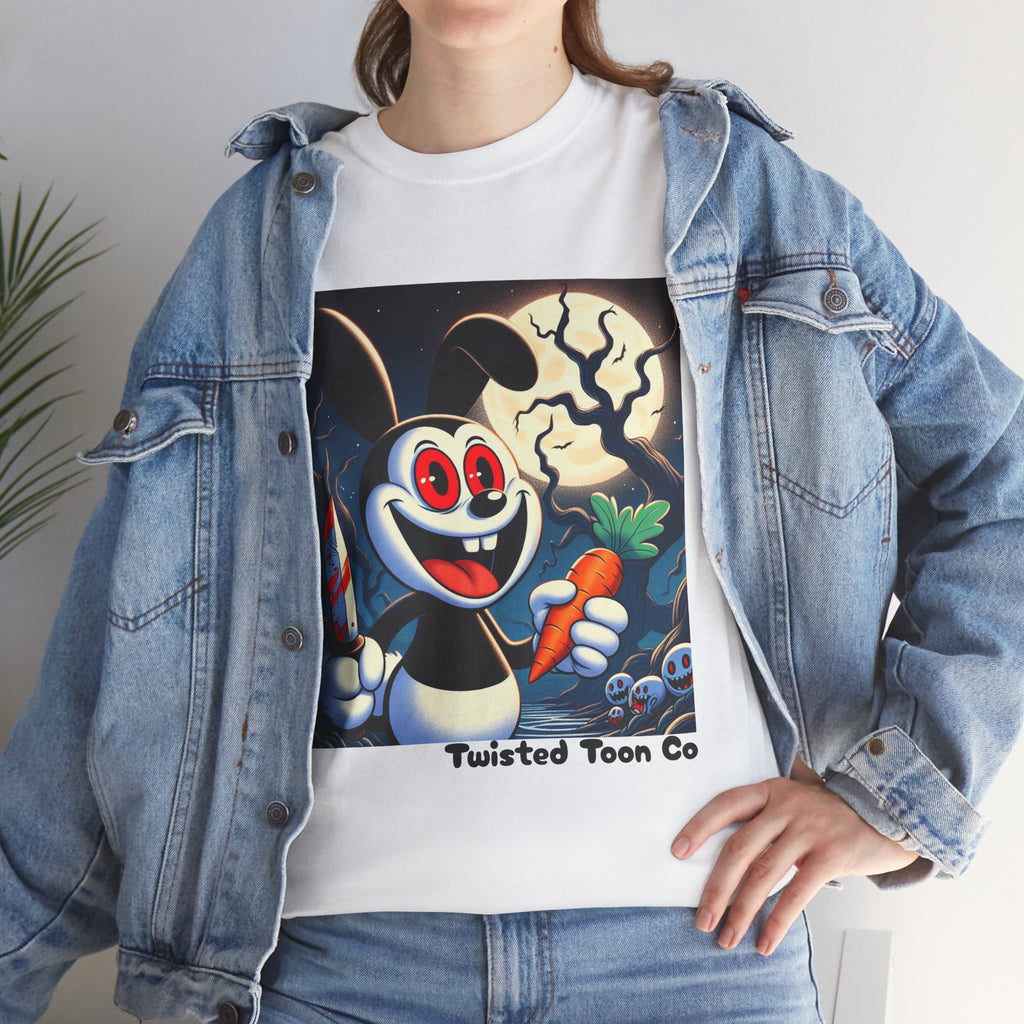 Halloween Oswald-Style Cartoon Tee — Spooky Bunny with Carrot and Full Moon